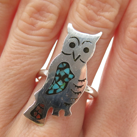 Old Pawn 925 Sterling Silver Vintage Turquoise & Coral Inlay Owl Ring Size 7.75