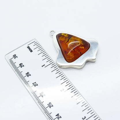 925 Sterling Silver Vintage Real Amber Modernist Pendant