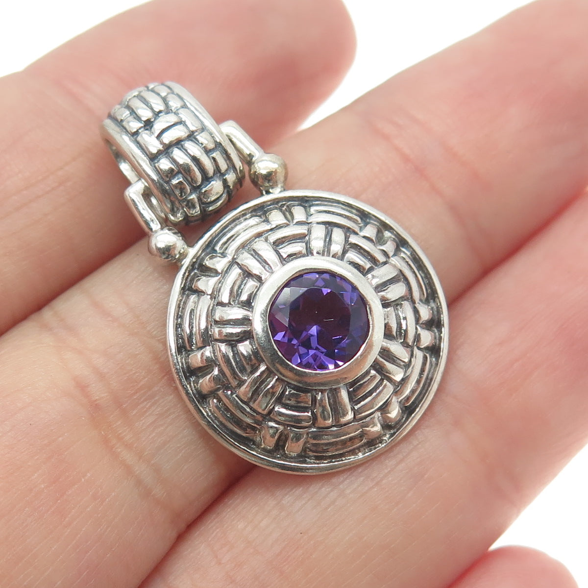 925 Sterling Silver Vintage Real Amethyst Gemstone Wicker Pendant