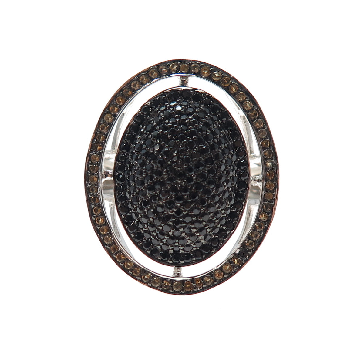 925 Sterling Silver Real Round-Cut Black Spinel & Citrine Ring Size 8.5