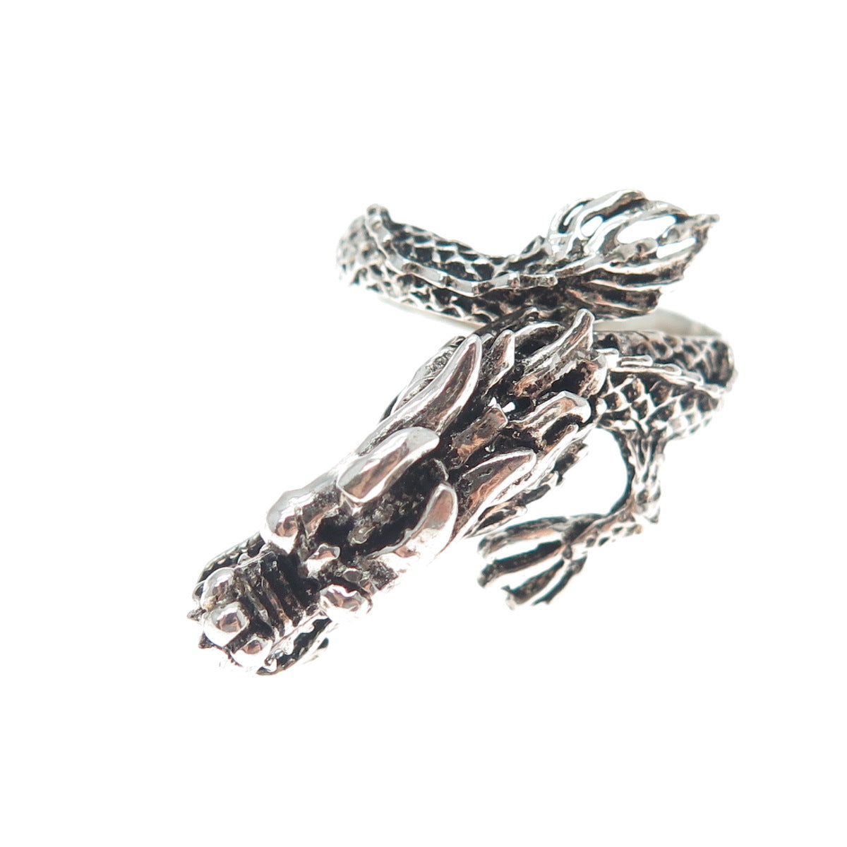 925 Sterling Silver Vintage Dragon Movable Head Oxidized Adjustable Ring Size 10