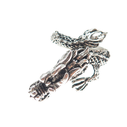 925 Sterling Silver Vintage Dragon Movable Head Oxidized Adjustable Ring Size 10