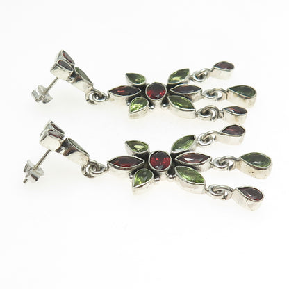 925 Sterling Silver Vintage Real Multi-Cut Red Garnet Peridot Dangling Earrings