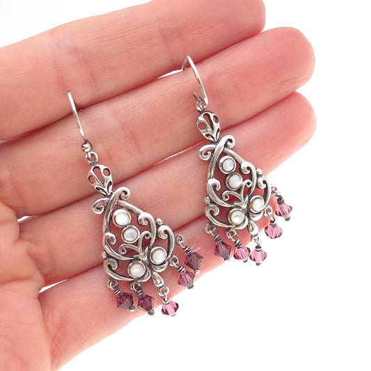 925 Sterling Silver Vintage Real MOP & Amethyst Chandelier Dangle Earrings