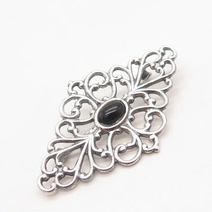 925 Sterling Silver Vintage Real Black Onyx Gem Ornate Pin Brooch