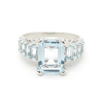 925 Sterling Silver Real Emerald-Cut Blue Topaz Engagement Ring Size 8