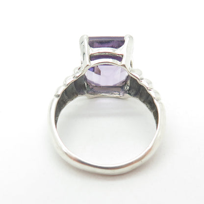 925 Sterling Silver Vintage Real Emerald-Cut Amethyst Ring Size 7