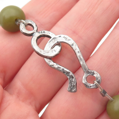 925 Sterling Silver Vintage Real Olive Green Jade Ball Beaded Necklace 16"