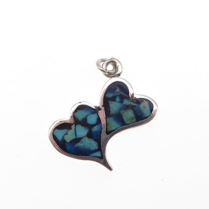 Old Pawn 925 Sterling Silver Vintage Turquoise Inlay Couple Heart Charm Pendant