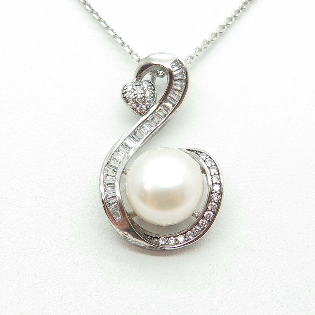 925 Sterling Silver Real Pearl & Round-Cut C Z Heart Cable Chain Necklace 16"