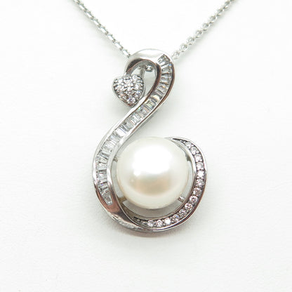 925 Sterling Silver Real Pearl & Round-Cut C Z Heart Cable Chain Necklace 16"