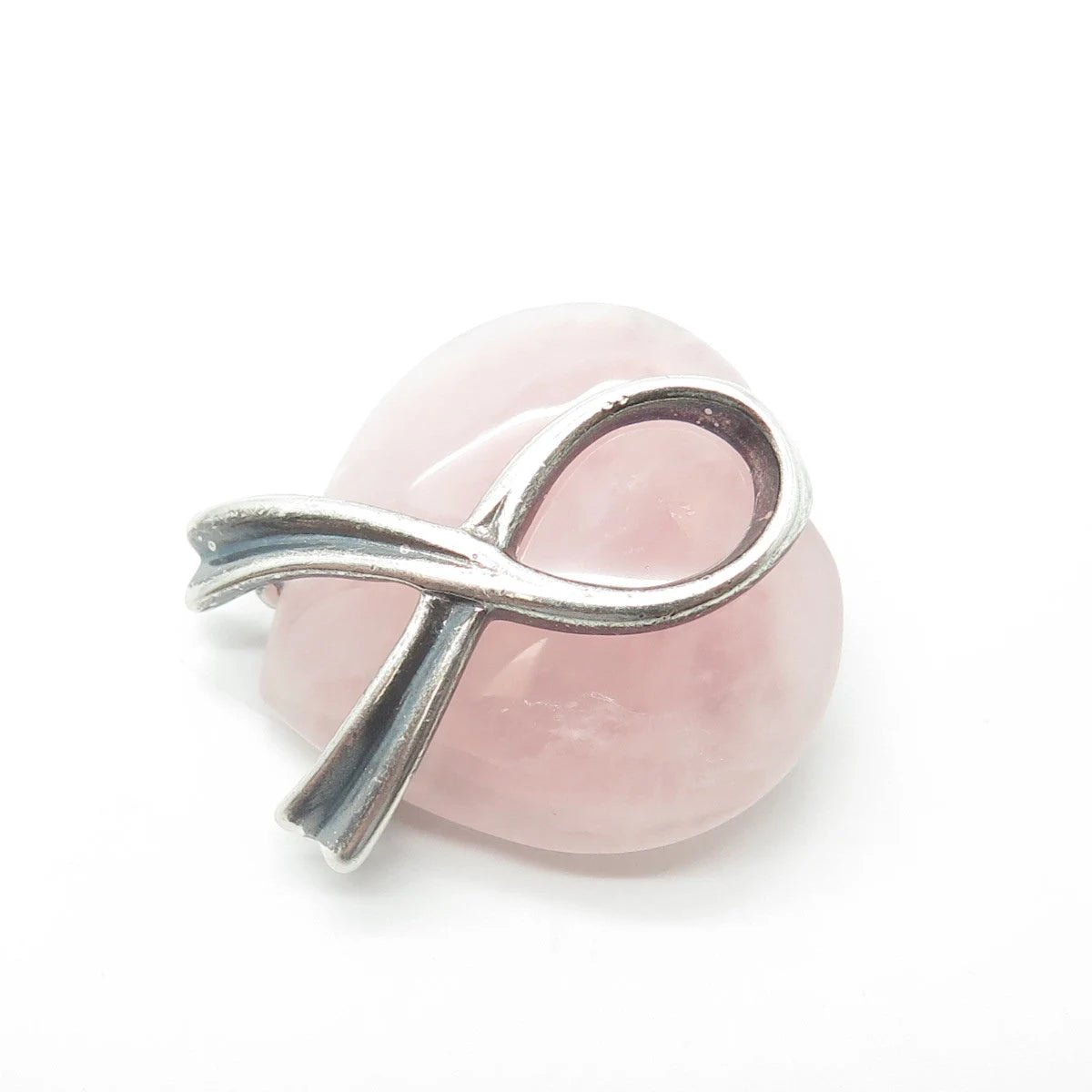 925 Sterling Silver Vintage Shube Real Rose Quartz Cancer Awareness Pin Brooch