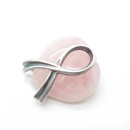 925 Sterling Silver Vintage Shube Real Rose Quartz Cancer Awareness Pin Brooch