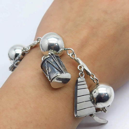 800 Silver Vintage Tribal Assorted Charm Ball & Bar Link Bracelet 6.75"