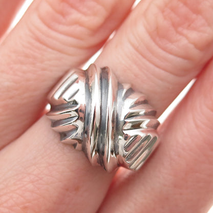 925 Sterling Silver Vintage Modernist X-Shape Oxidized Dome Ring Size 6.5