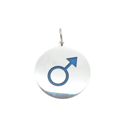 925 Sterling Silver Blue Enamel Male Symbol Round Tag Minimalist Charm Pendant