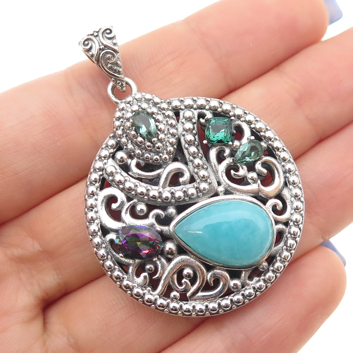 BERIA Sterling Silver Vintage Real Amazonite Mystic Quartz & Tourmaline Pendant