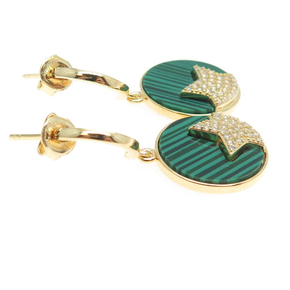 925 Sterling Silver Gold Plated Faux Malachite & C Z Star Dangling Earrings