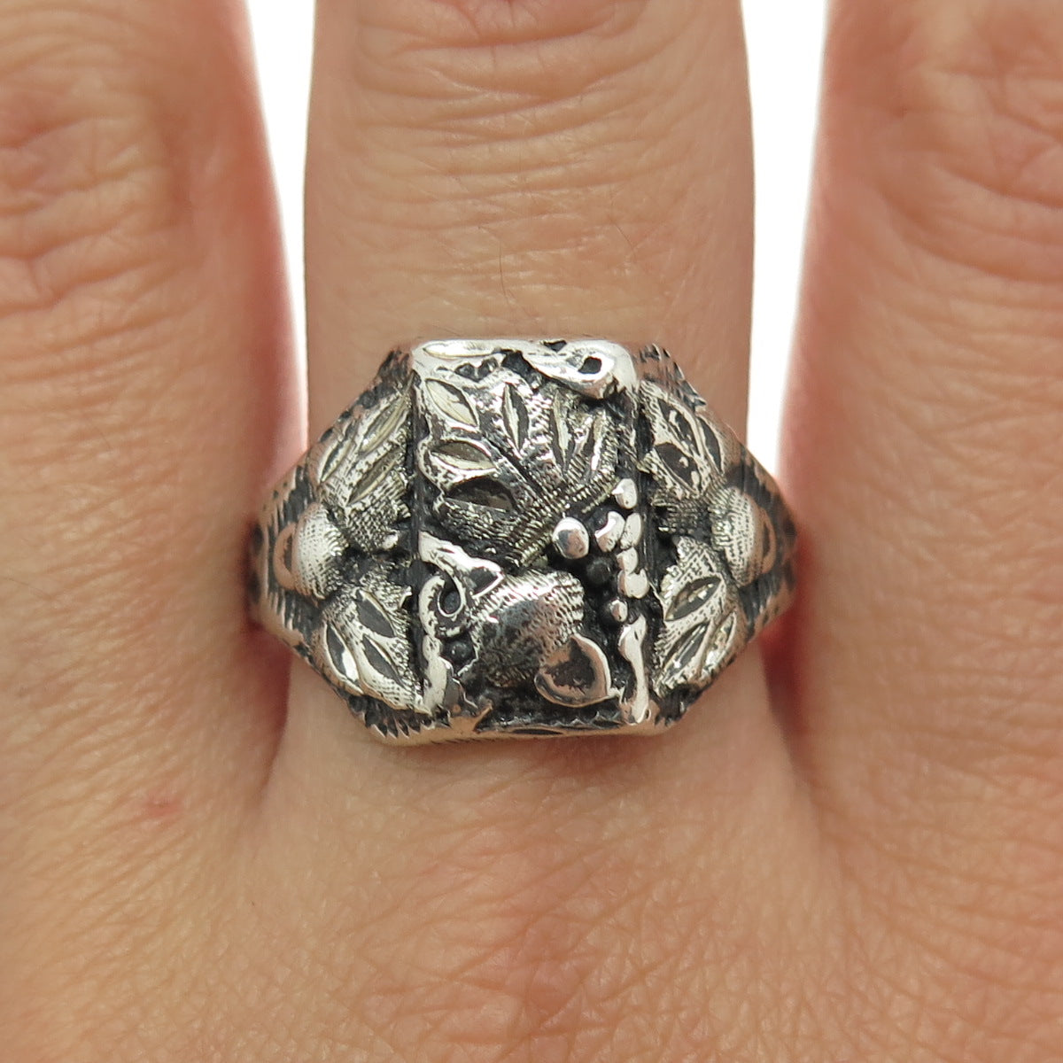 925 Sterling Silver Antique Art Deco Floral Oxidized Ring Size 12