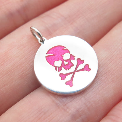 925 Sterling Silver Pink Enamel Skull & Bones Round Minimalist Charm Pendant