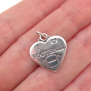 925 Sterling Silver Vintage I Love Football Heart Charm Pendant