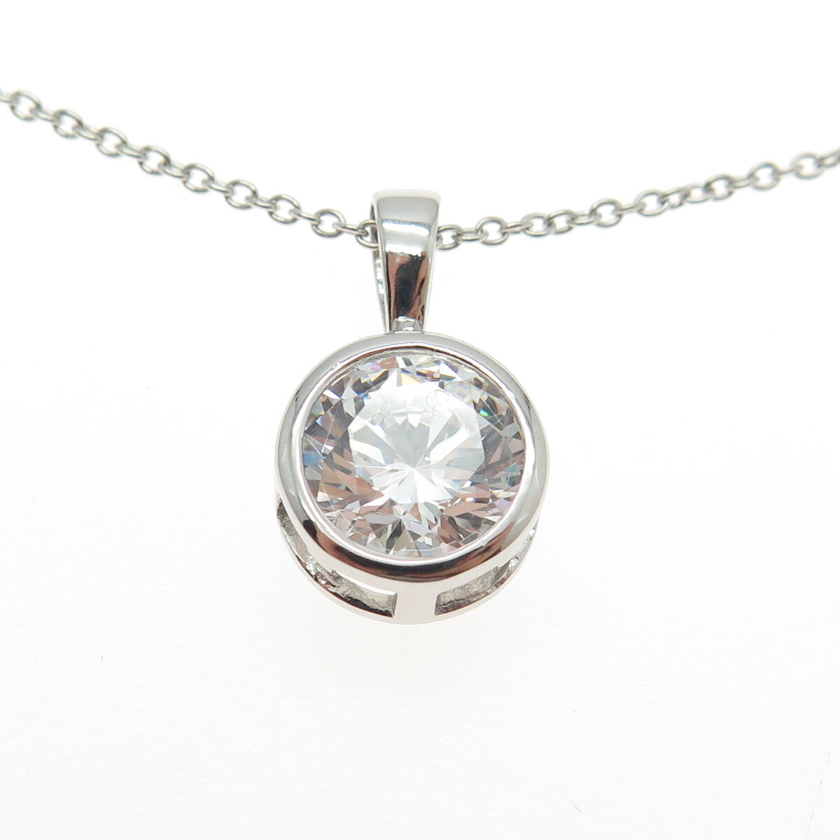925 Sterling Silver Round-Cut Shaped C Z Pendant Rolo Chain Necklace 18"