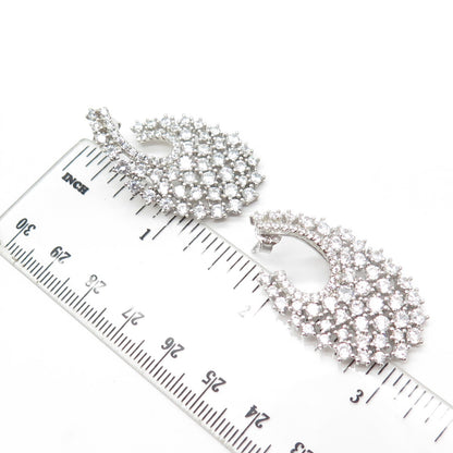 925 Sterling Silver White C Z Cluster Dangling Drop Earrings