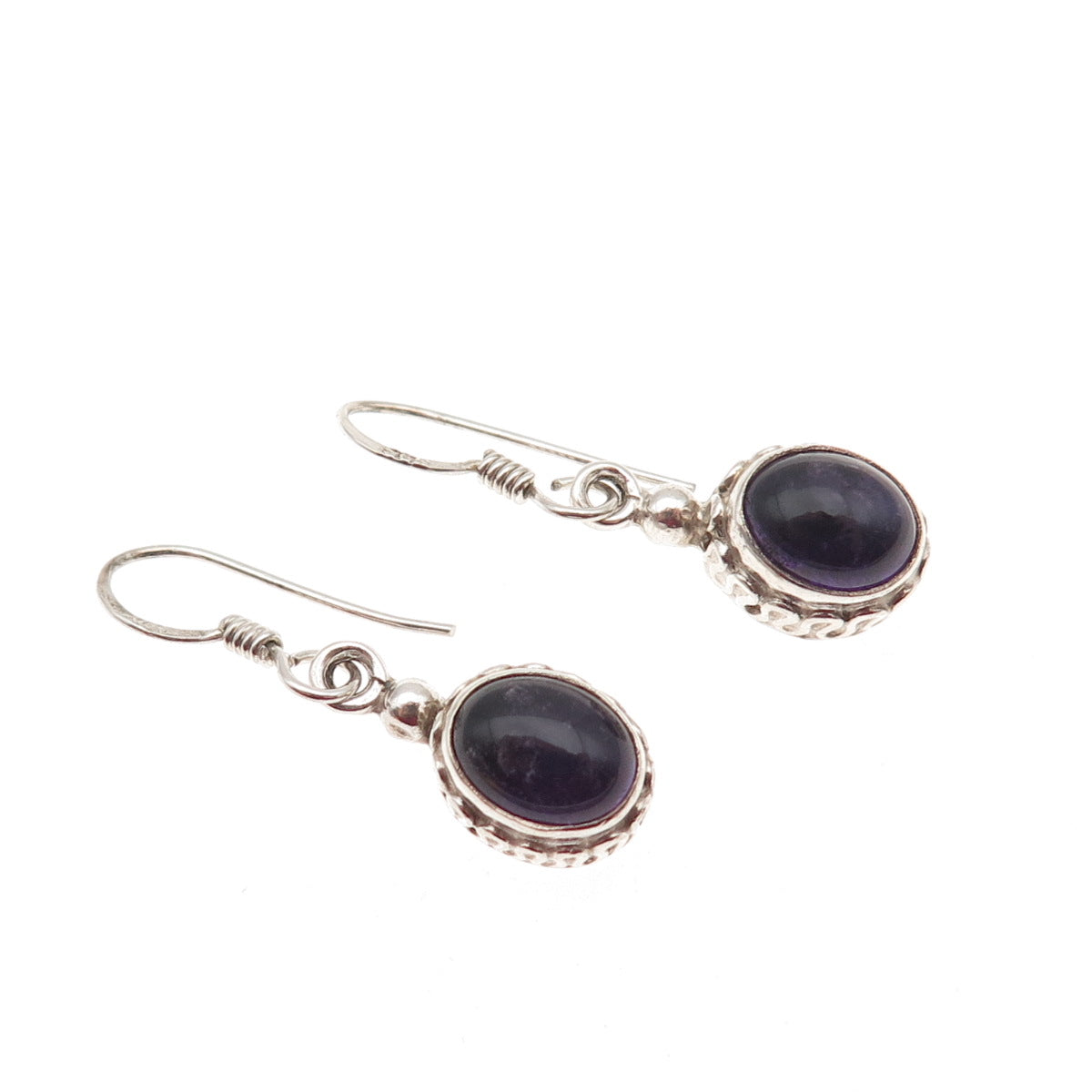 925 Sterling Silver Vintage Real Amethyst Wavy Oxidized Dangle Earrings