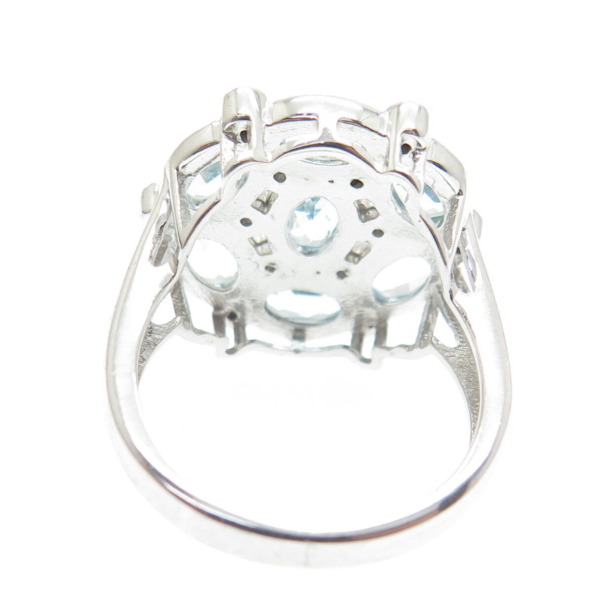 925 Sterling Silver Real White & Blue Sapphire Cluster Ring Size 7