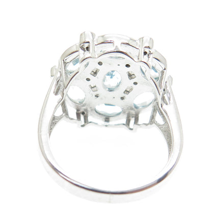 925 Sterling Silver Real White & Blue Sapphire Cluster Ring Size 7