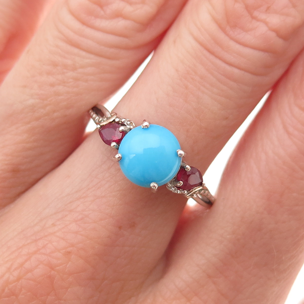 Chuck Clemency 925 Sterling Silver Real Turquoise & Red Sapphire Ring Size 9.25