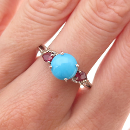 Chuck Clemency 925 Sterling Silver Real Turquoise & Red Sapphire Ring Size 9.25