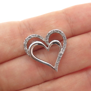 SUN 925 Sterling Silver Real Round-Cut Diamond Heart Slide Charm Pendant
