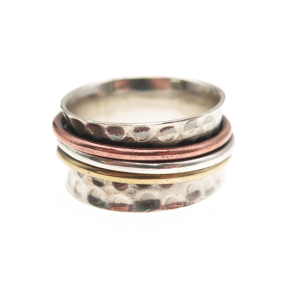 925 Sterling Silver 3-Tone Vintage Modernist Hammered Rotating Ring Size 7