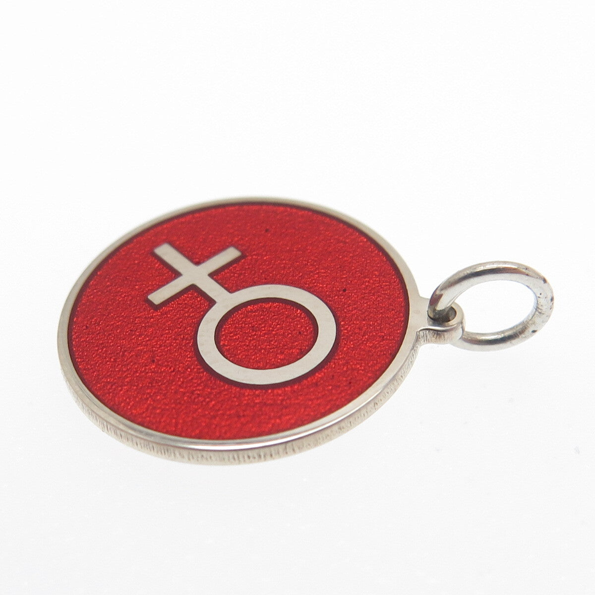 925 Sterling Silver Red Enamel Female Sign Round Tag Minimalist Charm Pendant