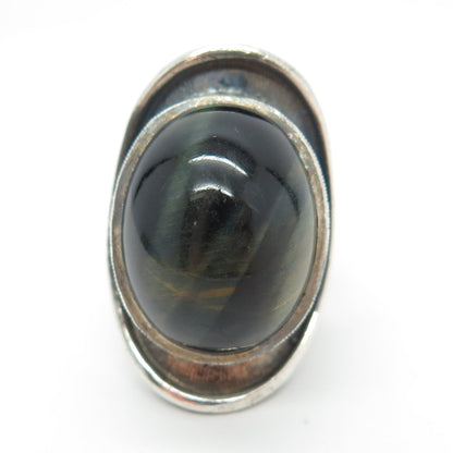 925 Sterling Silver Vintage Real Black Tiger Eye Gemstone Ring Size 6.5