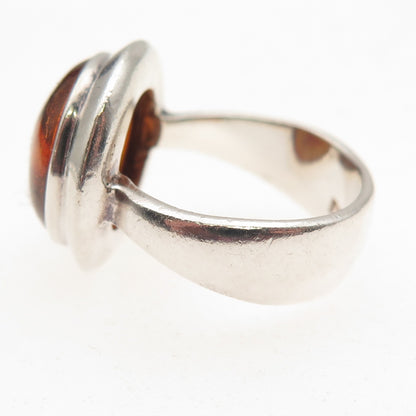 925 Sterling Silver Vintage Real Amber Modernist Oxidized Ring Size 6