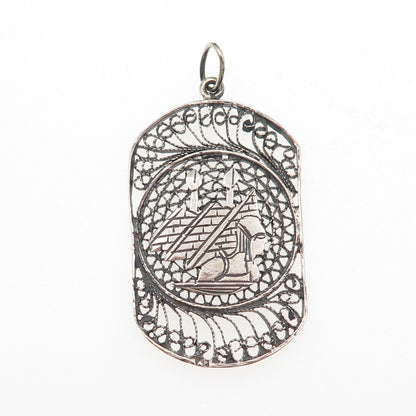 925 Sterling Silver Vintage Egyptian Pyramid Filigree Oxidized Charm Pendant