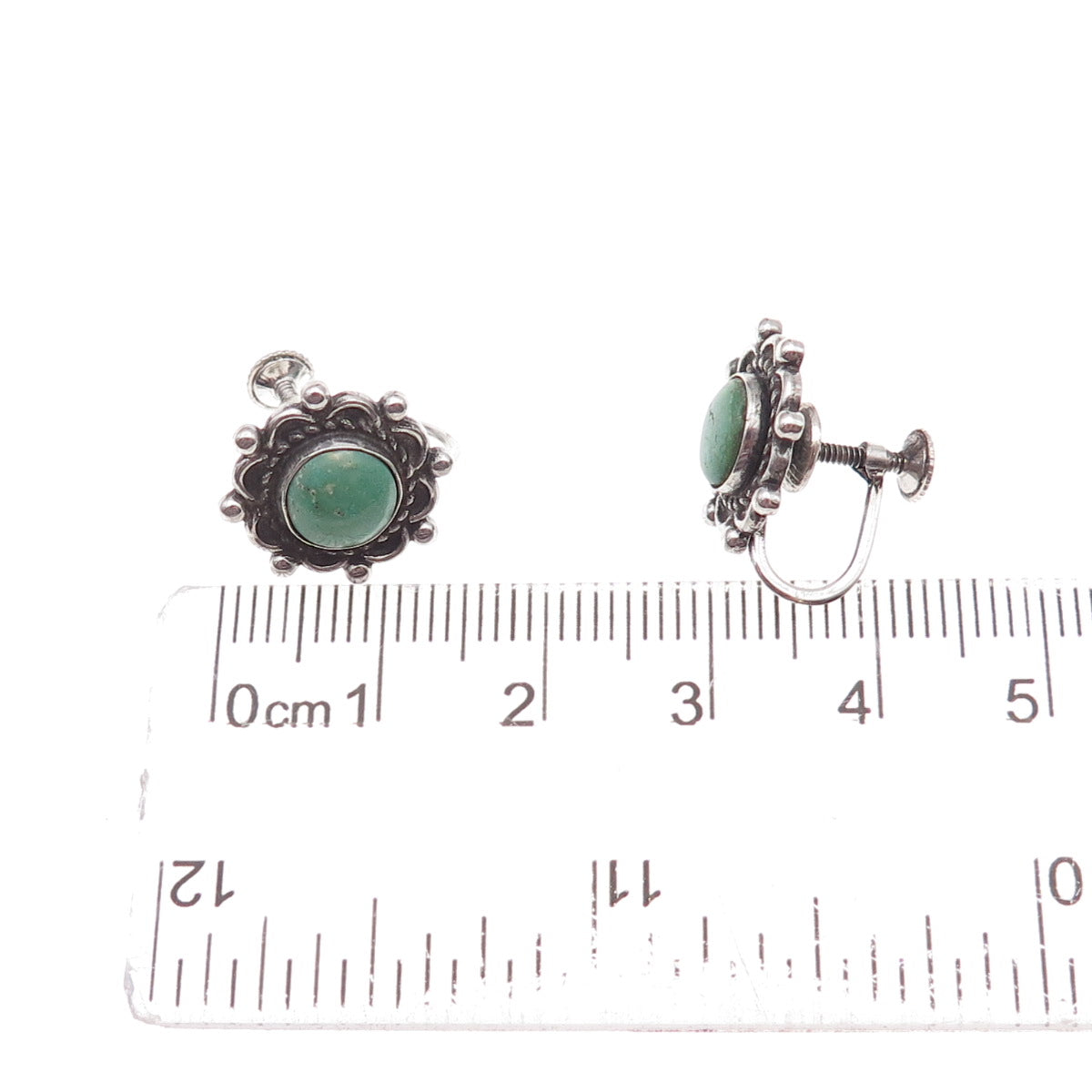 Old Pawn 925 Sterling Silver Vintage Turquoise Floral Tribal Screw Back Earrings