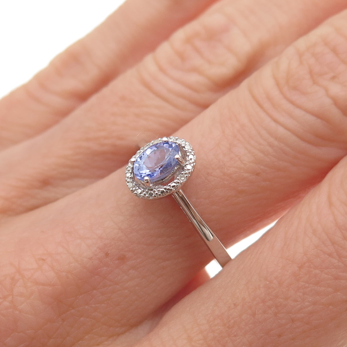 925 Sterling Silver Real Round-Cut Diamond & Oval-Cut Tanzanite Ring Size 8