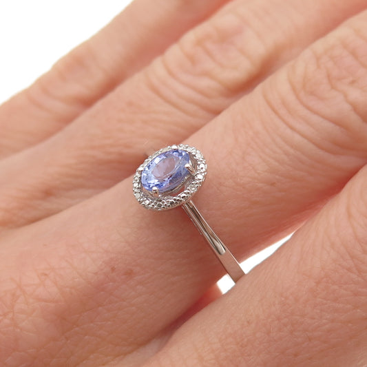 925 Sterling Silver Real Round-Cut Diamond & Oval-Cut Tanzanite Ring Size 8