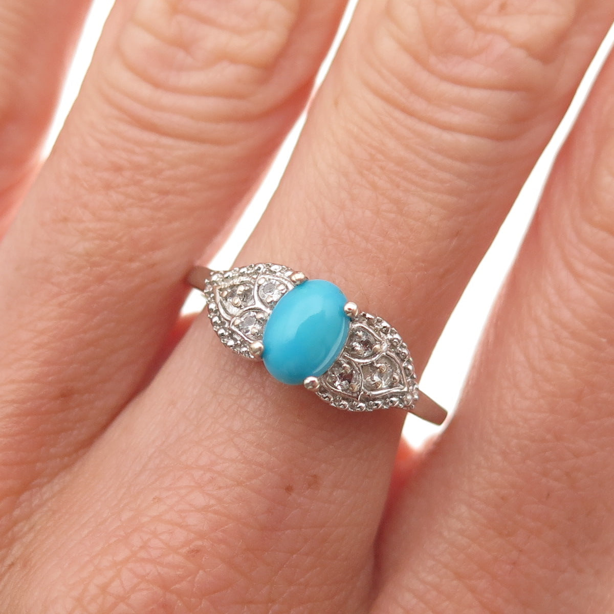 Chuck Clemency 925 Sterling Silver Real Turquoise & White Topaz Ring Size 8.25