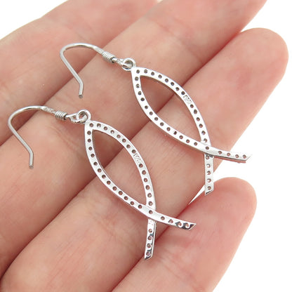 925 Sterling Silver Round-Cut Shaped C Z Ichthys Fish Dangling Hook Earrings