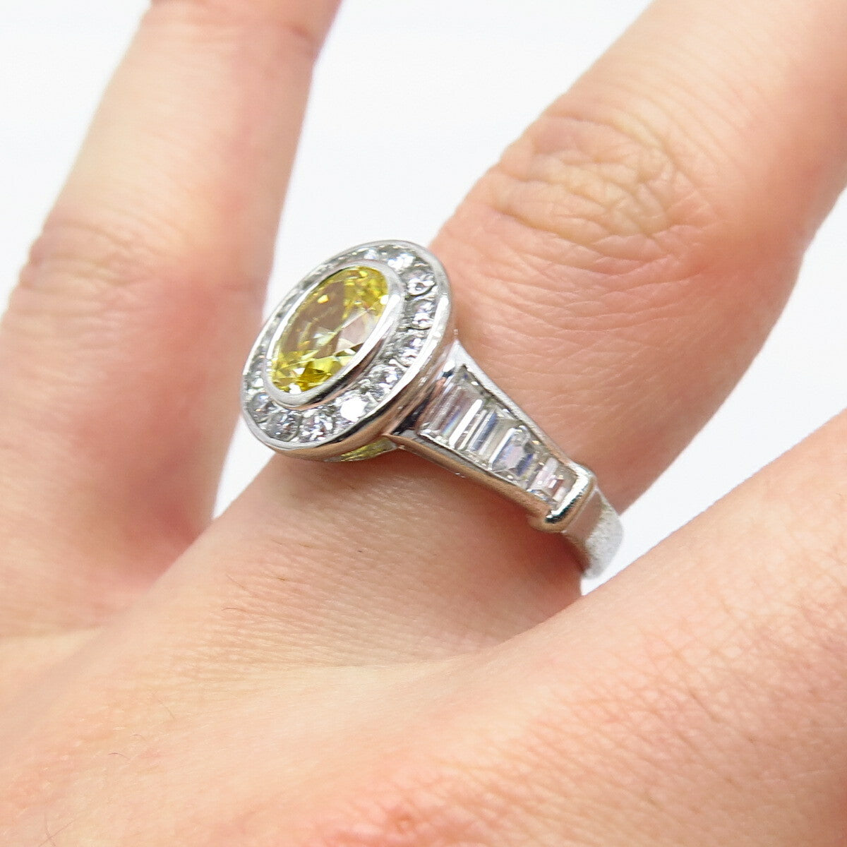 925 Sterling Silver White & Citrine-Tone C Z Ring Size 7.25