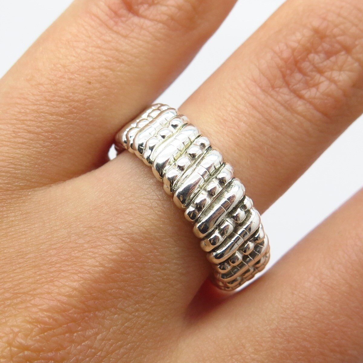 925 Sterling Silver Vintage Beaded & Bar Band Ring Size 7.75