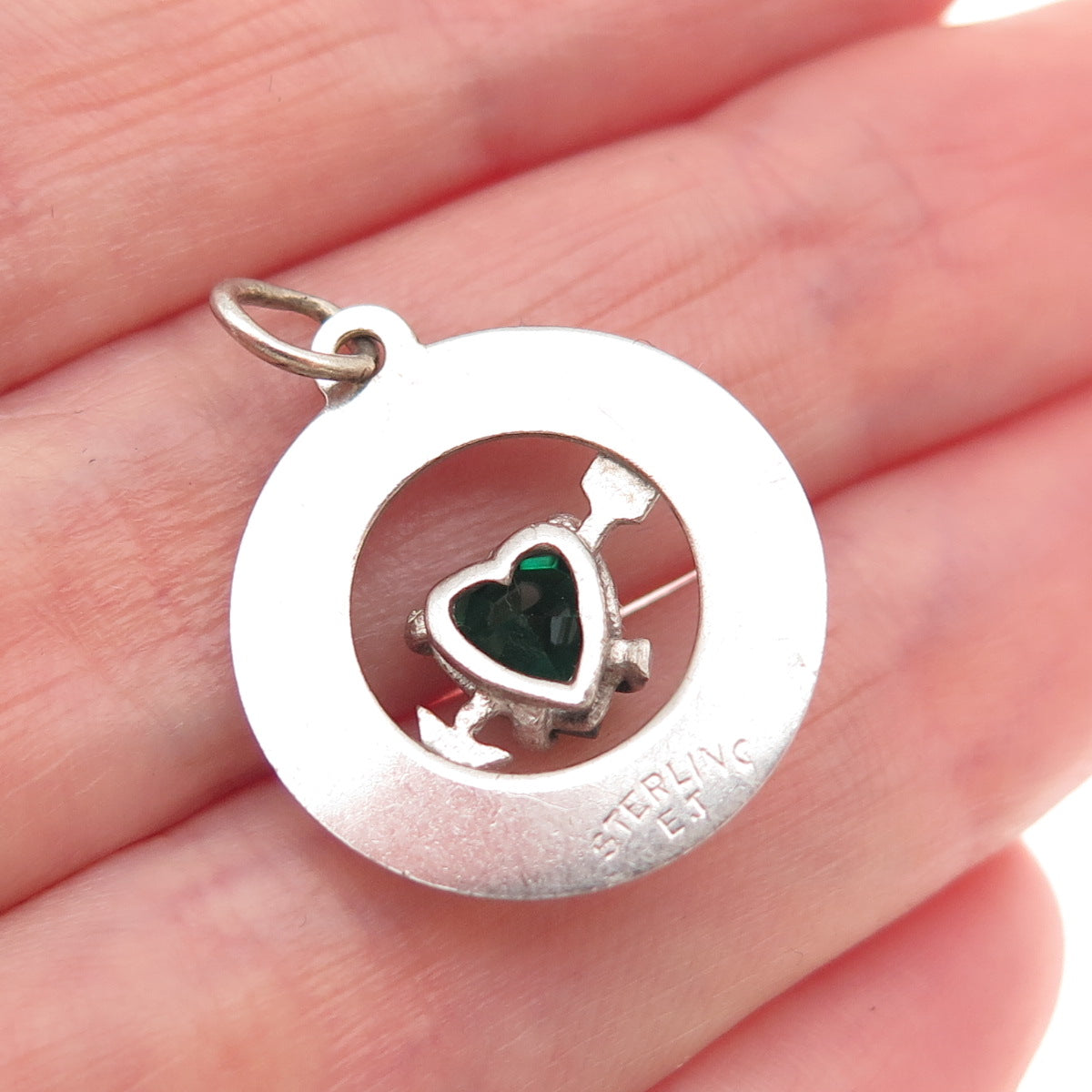 925 Sterling Silver Vintage Rhinestone May Birthstone Heart & Arrow Pendant