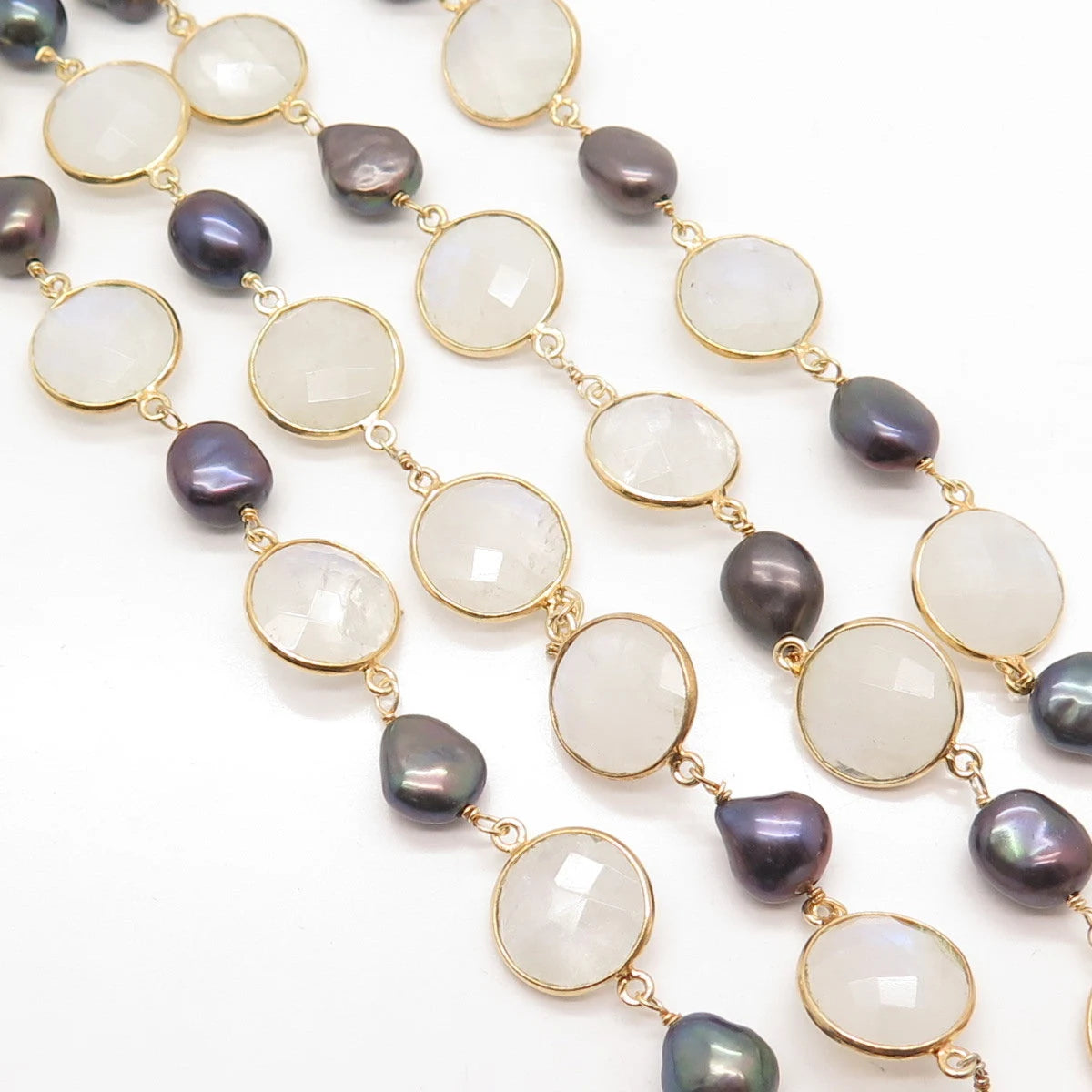 925 Sterling Silver Gold Plated Vintage MLD Pearl & Moonstone Gem Necklace 32"