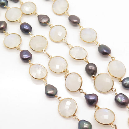 925 Sterling Silver Gold Plated Vintage MLD Pearl & Moonstone Gem Necklace 32"
