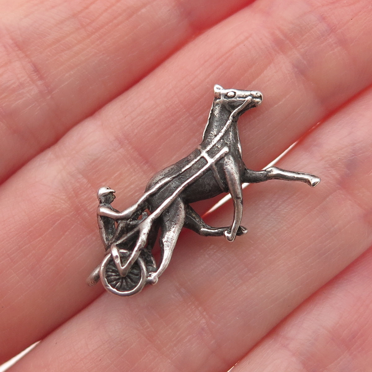 925 Sterling Silver Antique Art Deco Jockey & Racing Horse Oxidized 3D Miniature