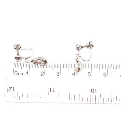 Marvel 925 Sterling Silver Vintage Real Pearl Screw Back Dangle Earrings